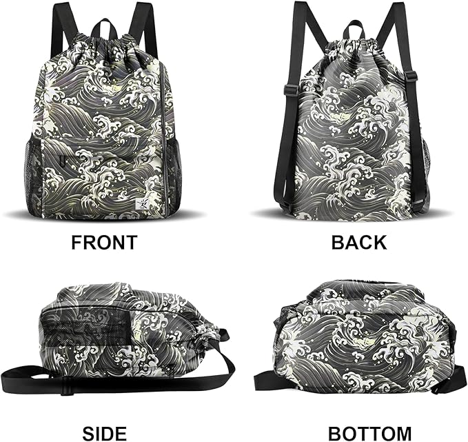 Drawstring Backpack with Mesh Pockets String Gym Bag Sackpack Sandproof Water Resistant Beach Backpack for Men Women