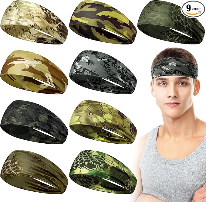 9 pcs Sweatbands for Men Workout Sport Headbands for Men Camo Headband Sweat Absorbing Headband Wide Sweatband for Head Basketball Football Cycling Running Yoga, 4.7 x 9.8 Inch