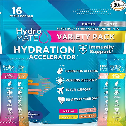 HydroMATE Electrolyte Powder Variety Pack Hydration Packets Low Sugar 16 Count