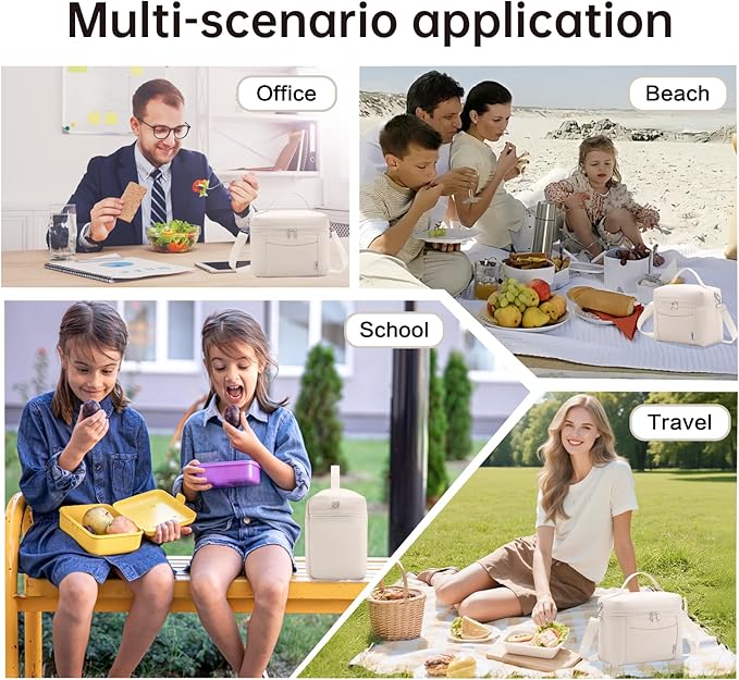 Insulated Lunch Bag Portable Lunch Box Bag Men Women Leakproof Lunch Cooler Bag with Adjustable Strap Adult Lunch Box for Office Picnic Travel Off White