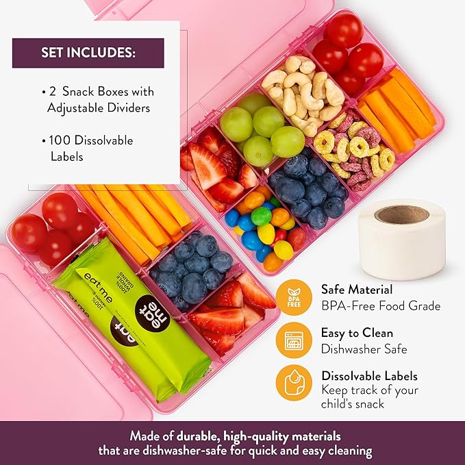 Snack Box Containers Set of 2-Reusable,100 Dissolvable Labels, 8 Adjustable Compartments, Dishwasher Safe, BPA-Free, Meal Prep Container, PARENT TESTED PARENT APPROVED AWARD (2 Pack) (Pink)