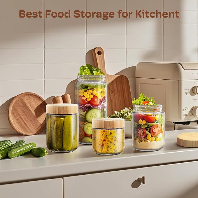 2 pack 10oz Overnight Oats Containers with Bamboo Lids, Glass Jars with Airtight Lids for Meal Prep, Wide Mouth Mason Salad Jars, Glass Food Storage Container for Yogurt Chia Snacks Spice Sugar
