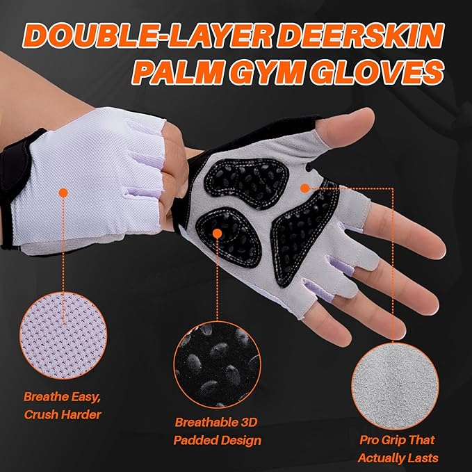 Double-Layer Deerskin Palm Gym Gloves: Anti-Slip Workout Gloves for Men & Women | Weight Lifting, Cycling, Rowing | Breathable 3D Padded Design