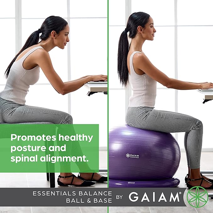 Gaiam Essentials Balance Ball & Base Kit, 65cm Yoga Ball Chair, Exercise Ball with Inflatable Ring Base for Home or Office Desk, Includes Air Pump