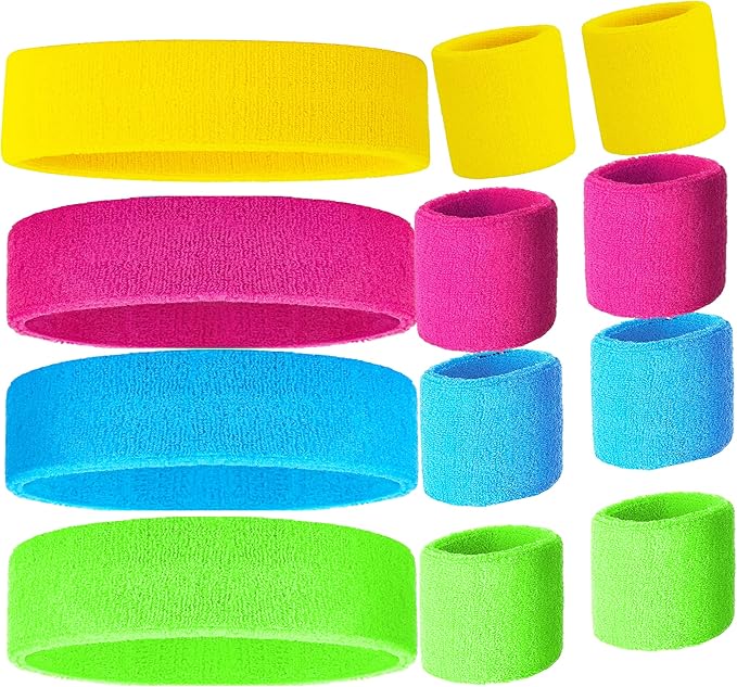 80s Sweatbands Neon Sweatbands Set Includes Pink, Blue, Yellow and Green Headband and Wristbands, Sweat Bands Headbands for Women with Matching Wristbands, Sweat bands for Women for Halloween Costumes