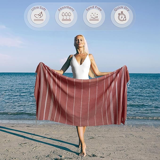 Turkish Beach Towel Striped & Soft Extra Large (39" x 71") - Quick Dry, Versatile and Functional as Yoga Mat, Gym, Outdoor and Shower Towel, Travel and Picnic Blanket - Red