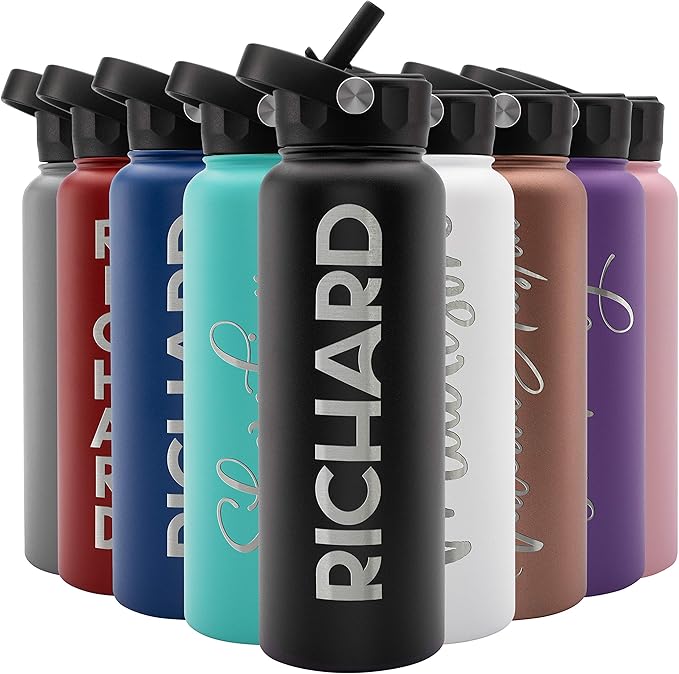 Amazing Items Personalized Water Bottle w/Straw & Lid, 40 oz - Black | Custom Large Stainless Steel Sports Water Bottle w/Name and Text - Double-Wall, Vacuum Insulated - Rotating Handle