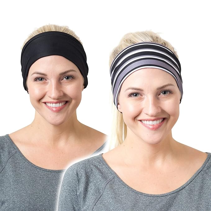 RiptGear Stretch Sport Headband for Women (Black Solid and Striped) — Non-Slip Sweat Wicking Fabric Great for Yoga, Running or The Gym — Soft Headband That Fits Most Head Sizes — (2-Pack)
