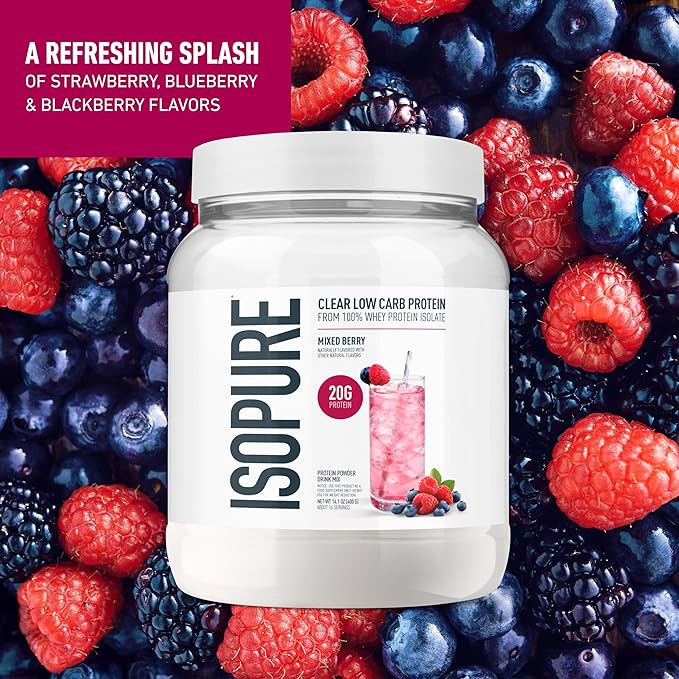 Isopure Clear Whey Isolate Protein Powder, Lactose Free, Gluten Free, Naturally Flavored, Mixed Berry, 20g Protein Per Serving, 14.1 Oz, 16 Servings (Packaging May Vary)