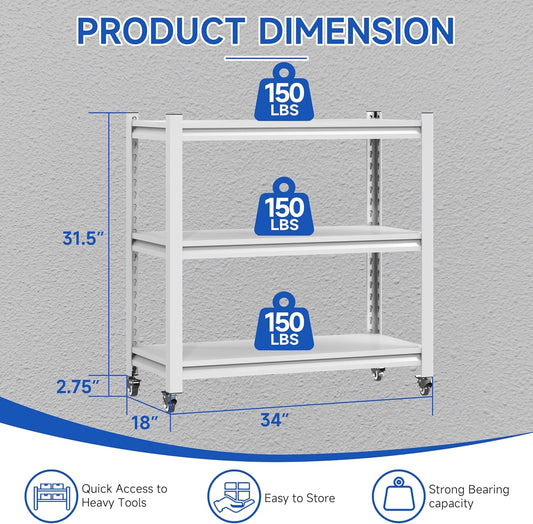 34''W Garage Heavy Duty 3-Tier Adjustable Storage Rack, Steel Shelving with Wheels,Pantry,Kitchen, Office, Closet and Garage Shelves, Easy to Assemble- White