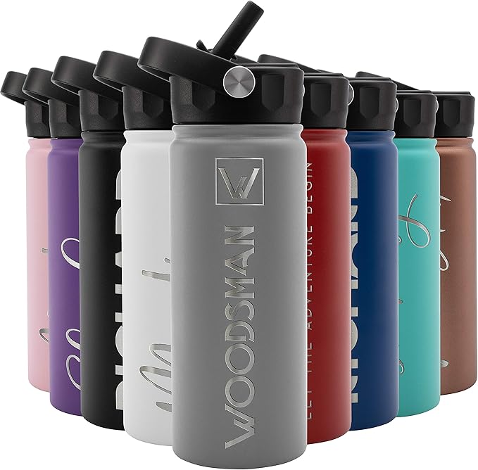 Amazing Items Personalized Water Bottle w/Straw & Lid, 18 oz - Gray | Custom Stainless Steel Sports Water Bottle w/Name and Text - Double-Wall, Vacuum Insulated - Rotating Handle