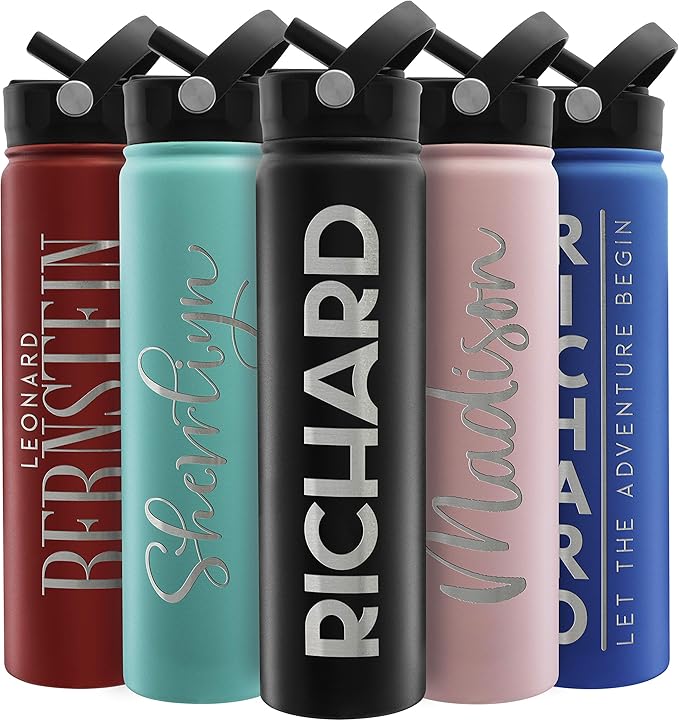 Amazing Items Personalized Water Bottle w/Straw & Lid, 24 oz - Black | Custom Stainless Steel Sports Water Bottle w/Name and Text - Double Wall, Vacuum Insulated - Rotating Handle