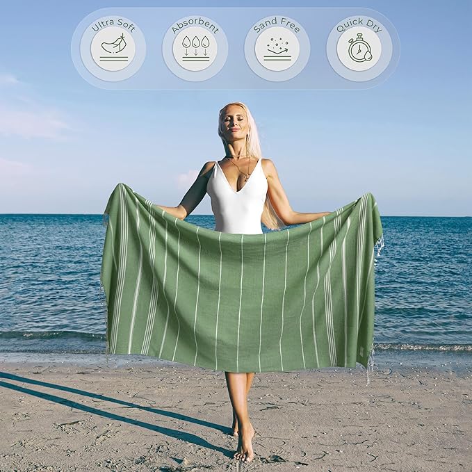 Turkish Beach Towel Absorbent & Quick Dry Oversized (39" x 71") - Decorative, Versatile and Functional as Yoga Mat, Picnic Blanket, Travel Blanket, Bath, Cruise, Gym Towel - Green