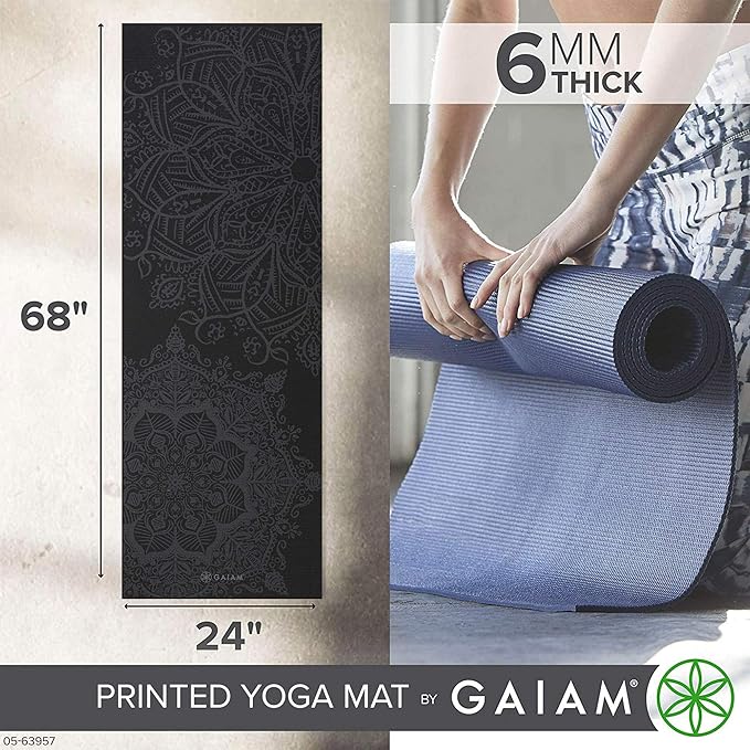Gaiam Yoga Mat - Premium 6mm Print Extra Thick Non Slip Exercise & Fitness Mat for All Types of Yoga, Pilates & Floor Workouts (68"L x 24"W x 6mm Thick)