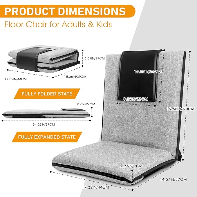 Floor Chair with Water Repellent Fabric 14-Position Adjustable Floor Chair with Back Support Portable Ground Seating for Adults Foldable Meditation Seat with Washable Cover (Light Grey)