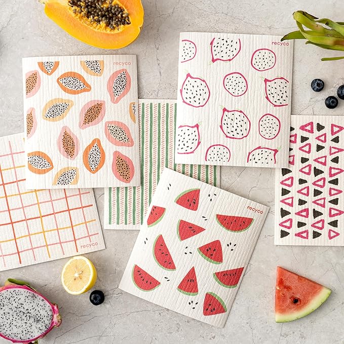 RECYCO Swedish Dishcloths for Kitchen | 6 Pack Tropical Fruit Washable Dish Rags | Cellulose Reusable Cleaning Paper Towels | Absorbent Counter Dish Cloth Sponge Kitchen Wipes, 8" L x 7" W