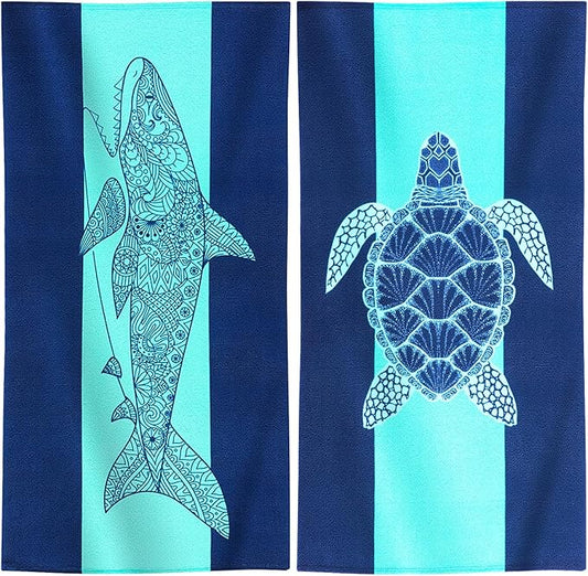 Genovega 2 Packs Oversized Beach Towel Set 36 x 72 in Large Big Pool Camping Swim Clearance Soft Towels Travel Essentials Accessories Must Haves Vacation Necessities Adult Gifts Shark Turtle