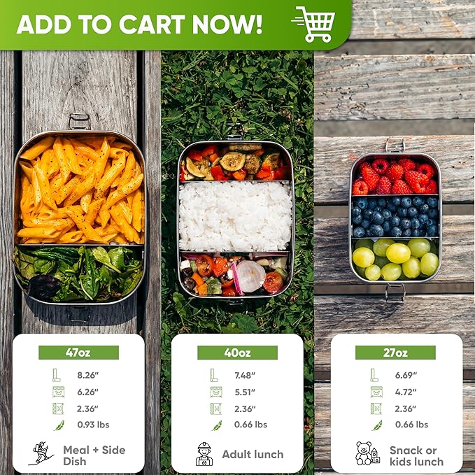 Blockhütte Stainless Steel Lunch Box for Adults I 40oz I with free Sealing I Metal Bento Box with 3 Compartments, Leak-Proof Lunch Container, Metal Food Storage for Travel, Work, Eco-Friendly