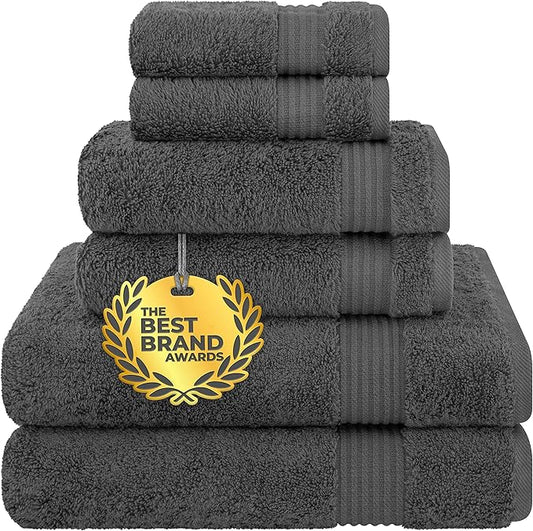 Cotton Paradise 6 Piece Towel Set 100% Cotton Soft Absorbent Turkish Towels for Bathroom 2 Bath Towels 2 Hand Towels 2 Washcloths, Dark Gray Towel Set