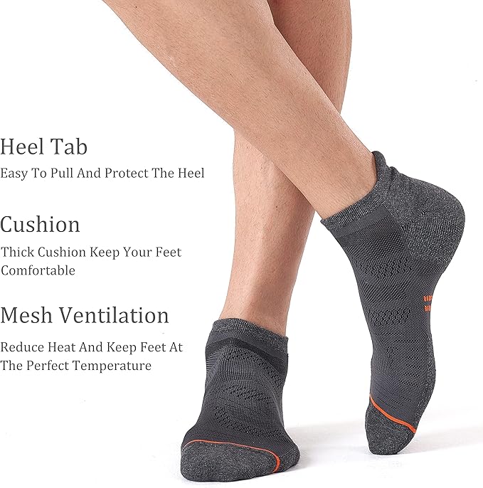 CS CELERSPORT 6 Pack Men's Running Ankle Socks with Cushion, Low Cut Athletic Sport Tab Socks