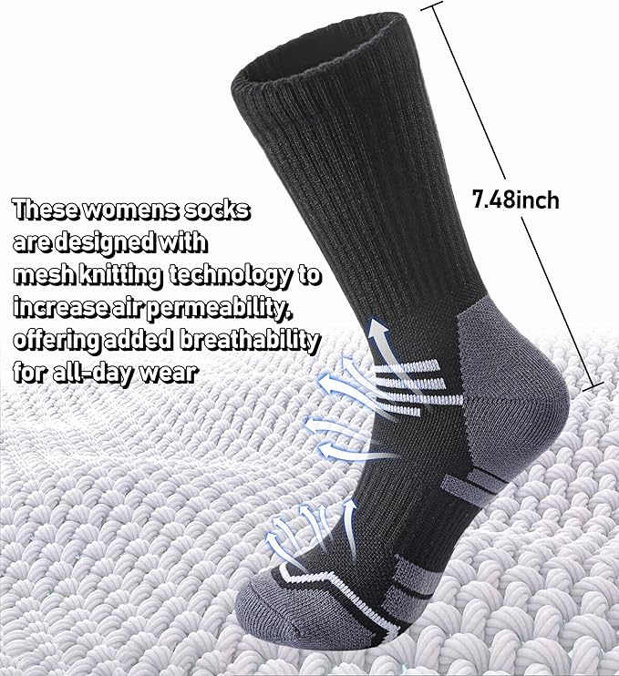 FNOVCO Women's Hiking Walking Running Crew Socks Thick Cushioned Athletic Compression Socks 5 Pairs