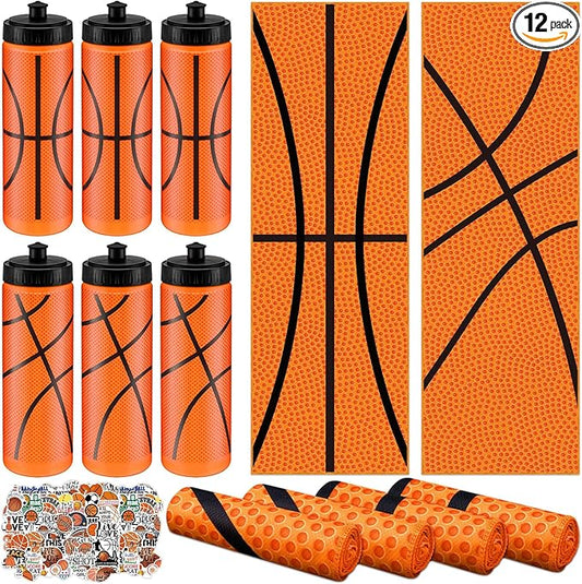 12 Pcs Basketball Water Bottle Basketball Cooling Towel Set with 50 Sticker Sports Party Favors Include 6 Reusable Sports Squeeze Water Bottle 6 Ice Towel Breathable Fast Drying for Team Gifts