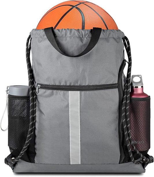BeeGreen Grey Drawstring Bag Pack Gym Sackpack w Shoe Compartment Two Water Bottle Holder Portable String Sinch Sack for Gymnastic Athletic Beach Travel