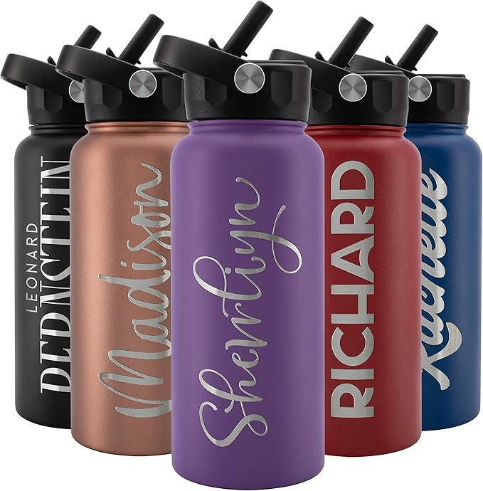 Amazing Items Personalized Water Bottle w/Straw & Lid, 32 oz - Purple | Custom Stainless Steel Sports Water Bottle w/Name and Text - Double-Wall, Vacuum Insulated - Rotating Handle