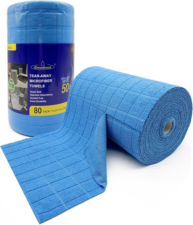 Greenfound Microfiber Cleaning Cloth Roll -80 Pack,Tear Away Towels for Car,Reusable Paper Towels Washable,Super Absorbent,Lint Free Cleaning Rags for House,Kitchen,Window-11.5"×11.5"(Check Blue)