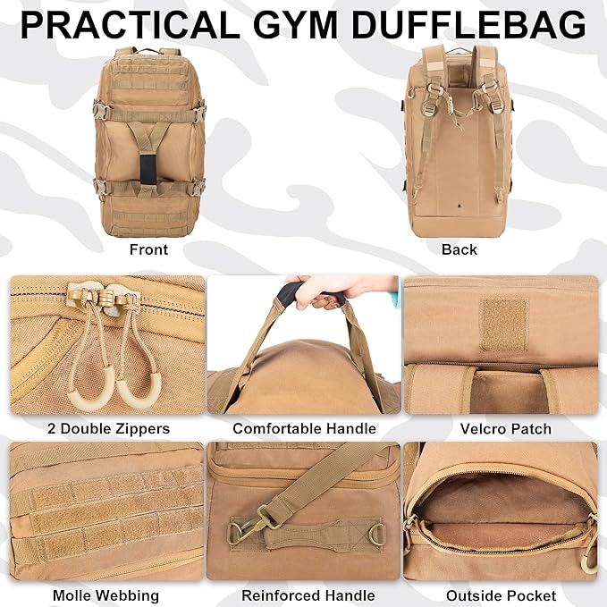 Gym Bag Duffle Bags Backpack Travel Duffle Bag with Weekend Overnight Bag for Outdoor Tactical Sports Travel Camping Hunting (Coyote, 60L)