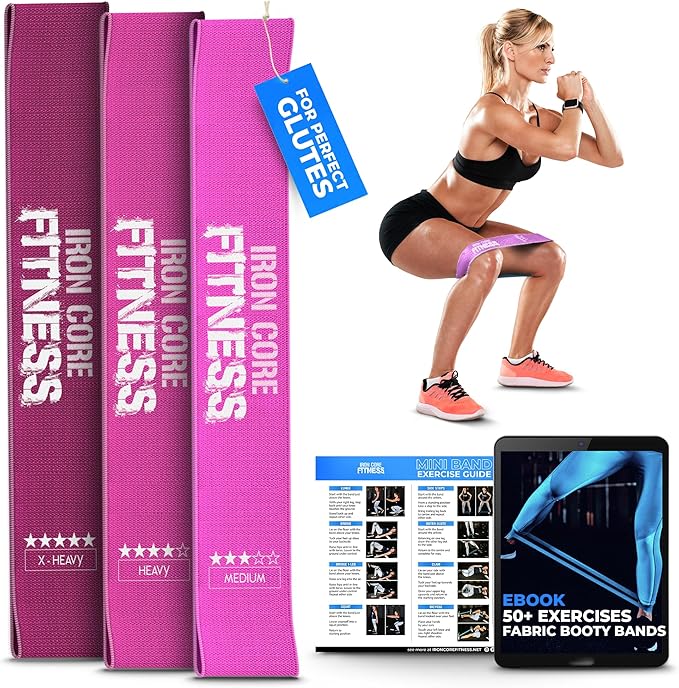Fabric Mini Resistance Bands Sets for Trainers, Bootcamp, Gym for Men and Women in Fun Colors - Ebook, Videos and Workout Chart Included by Iron Core Fitness