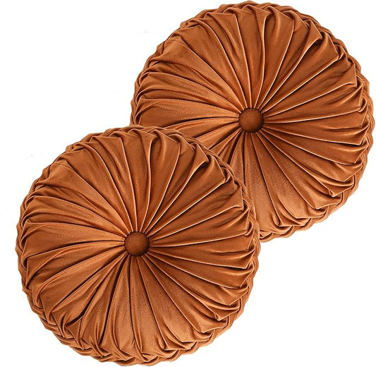 HIG Set of 2 Decorative Round Pleated Throw Pillows, Classy Accent Pumpkin Throw Pillows with Center Button, Vintage Velvet Floor Pillows for Sofa Vanity Chair Bed, Rust, 14.5" Diameter(Ripple)