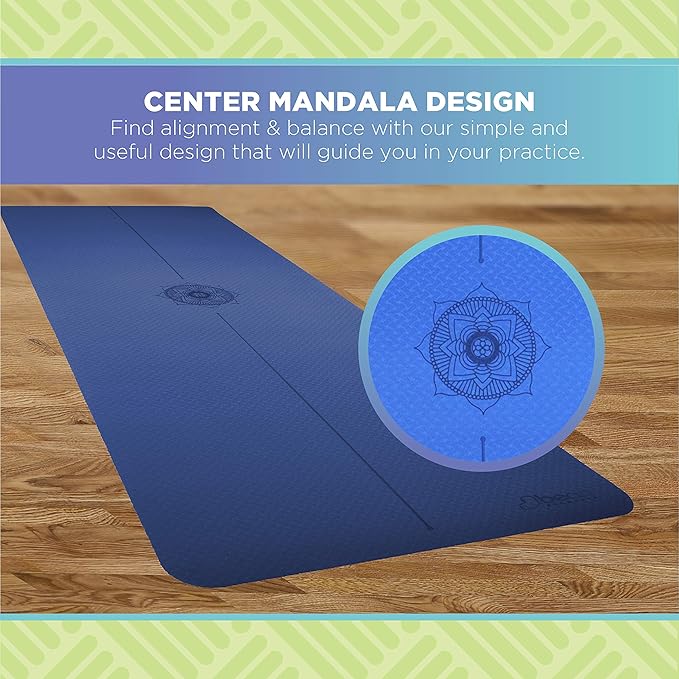 Bean Products SuperLite TPE Yoga Mat | Centering Mandala Design | Extra-long | Non-skid, Slip Resistant | Earth-friendly exercise gym mat | (6mm thick x 24” wide x 72” long)