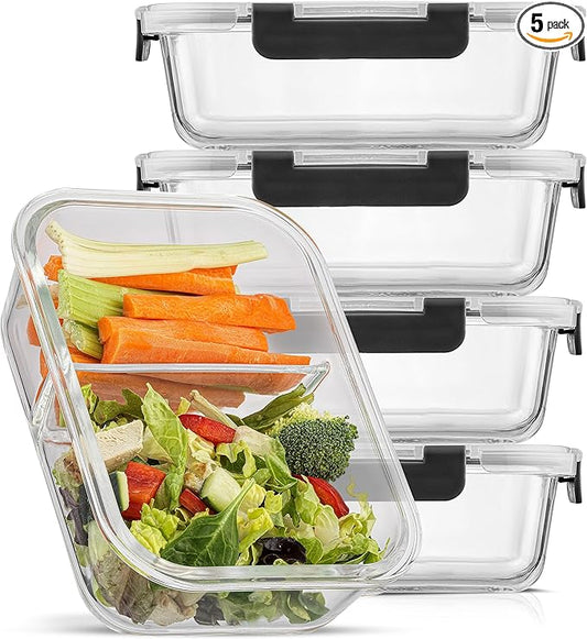 JoyJolt Divided Food Storage Containers with Lids Airtight. 5 Pack Glass Meal Prep Containers 2 Compartment Set Glass Bento Box. Reusable Food Containers, Portion Control Containers for Weight Loss