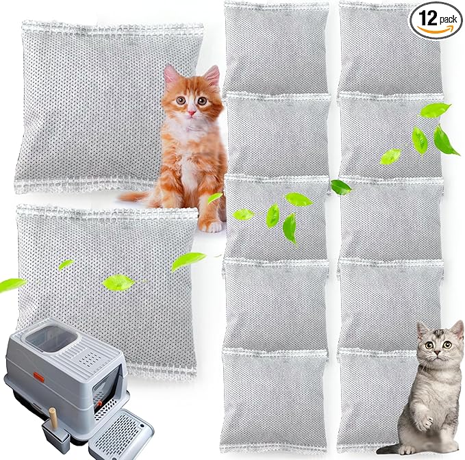 12 * 43g Larger Bag Activated Charcoal Odor Absorber Bags for Stainless Steel Litter Box with Lid, Natural Coconut shell Charcoal Bags, Absorb Odors/Control Damp from Pets/Keep Home Fresh