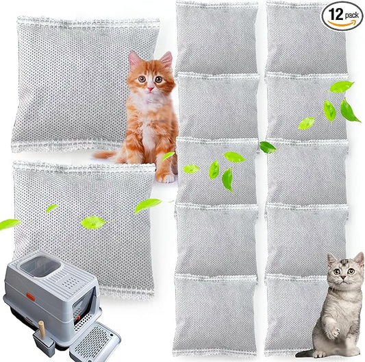 12 * 43g Larger Bag Activated Charcoal Odor Absorber Bags for Stainless Steel Litter Box with Lid, Natural Coconut shell Charcoal Bags, Absorb Odors/Control Damp from Pets/Keep Home Fresh