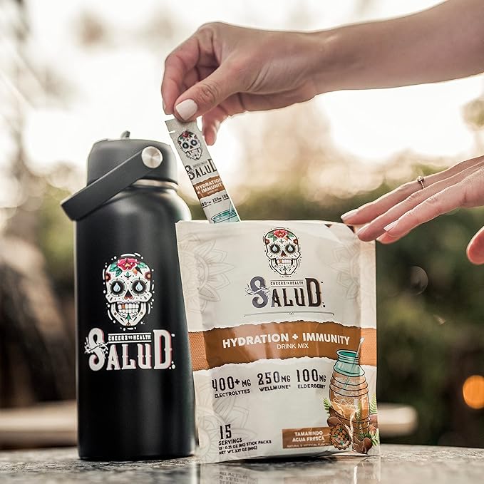 Salud 2-in-1 Hydration Packets + Immunity Electrolytes Powder, Tamarindo - Agua Fresca Drink Mix, Elderberry, Dairy & Soy Free, Non-GMO, Gluten Free, Vegan, Low Calorie, 1g Sugar (15 Servings)