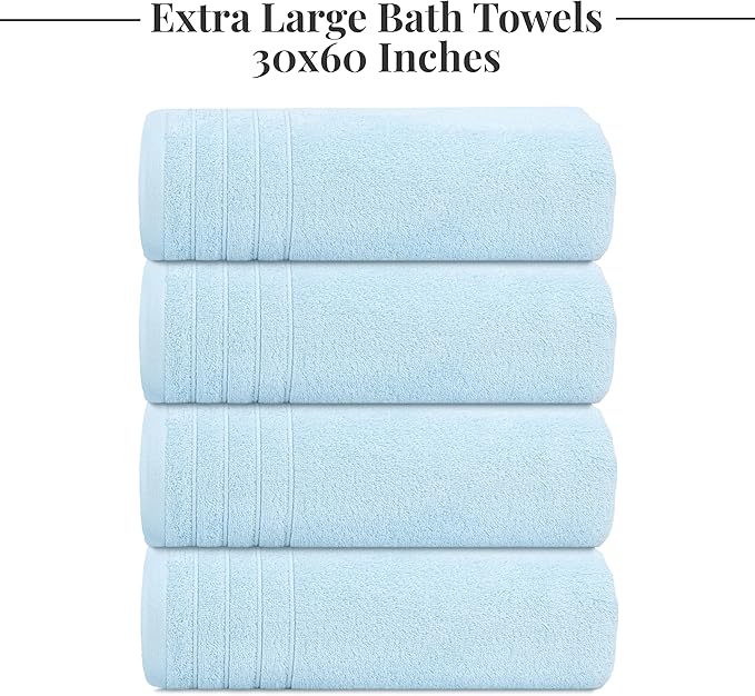 Tens Towels Pack of 4 Extra Large Bath Towels 30 x 60 Inches, 100% Cotton, Larger & Lighter Weight, Quicker to Dry, Super Soft and Absorbent, Perfect for Bathroom, Sky Blue