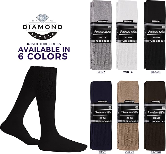 Diamond Star Men's 6 Pack Athletic Tube Socks Running Sports OVER THE CALF Full Cushioned Premium Soft Cotton Big and Tall