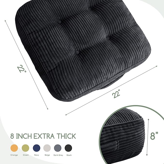 8" Washable Floor Pillow Cushion for Adults, Meditation Cushion Pillow, Large Square Floor Sitting, Removable Tufted Corduroy Cover, for Tatami Living Room or Yoga, 22x22 Inch, Machine Washable