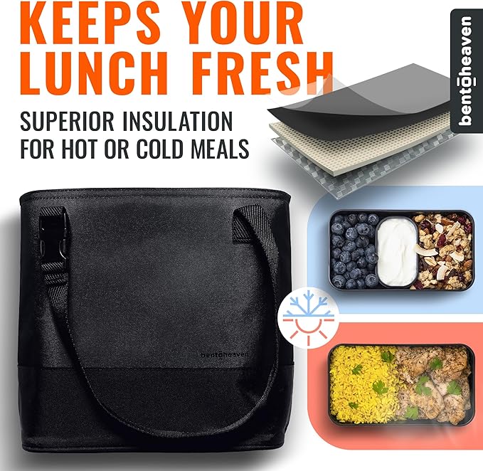 Bentoheaven Insulated Lunch Tote for Work - Durable Materials, Variable Strap/Handle, Wide Opening - Cooler Lunch Bag for Women & Men - Fits all major Bento Lunch Boxes and Other Containers (Black)