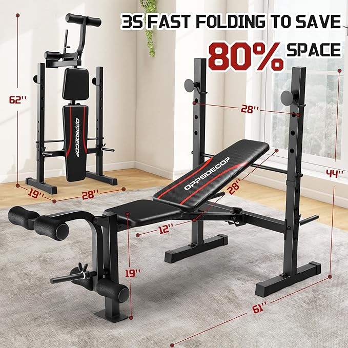 OPPSDECOR Multi-Function Weight Bench Set with Squat Rack Leg Extension & Leg Curl Adjustable Workout Bench for Full Body Fitness Foldable Flat/Incline/Decline Upgrade Bench Press for Home Gym