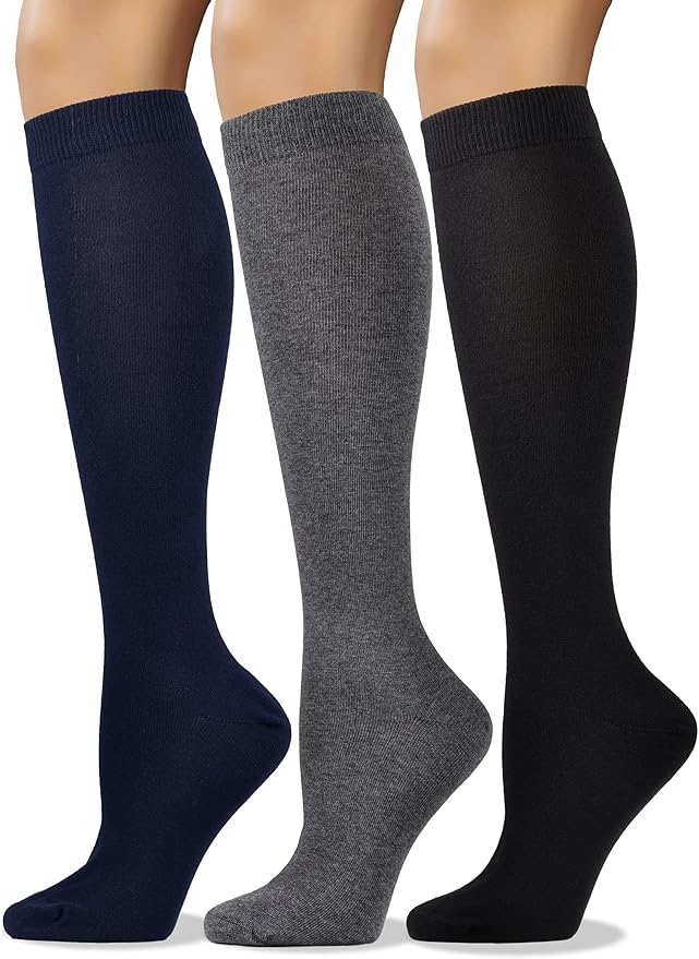 COTTON DAY Women's Soft Combed Cotton Knee High Long Calf Dress Socks Seamless Toe Black White Gray Navy Blue Brown