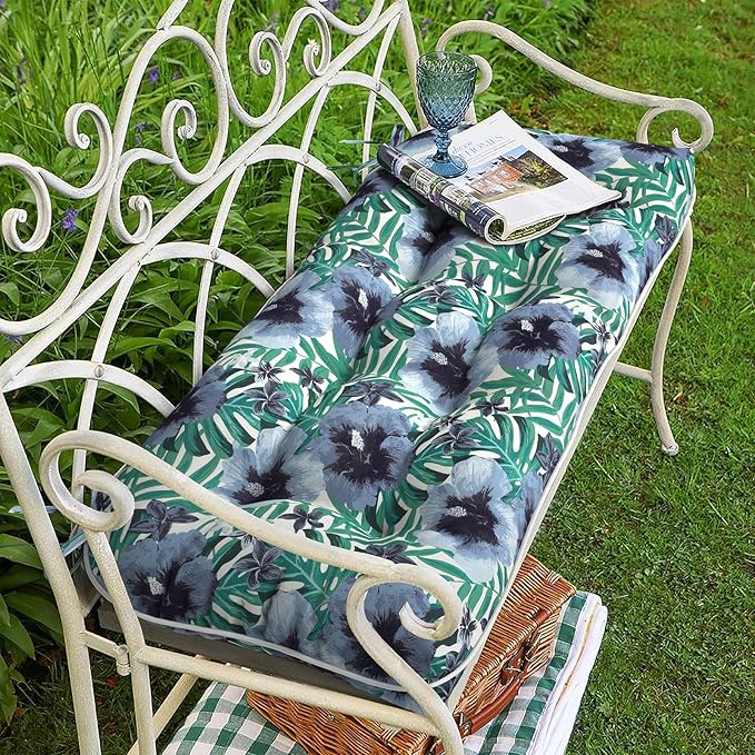Tufted Bench Cushion for Outdoor Furniture, Patio Swing Cushion 44 x 19 x 5 Inch, Overstuffed Outdoor Chair Cushion for Garden Loveseat Lounge Storage, 1 Pack,Blue Salmone Tropical