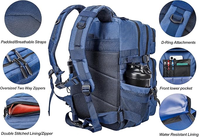 LHI Military Tactical Backpack for Men and Women 45L Army 3 Days Assault Pack Bag Large Rucksack with Molle System - Blue