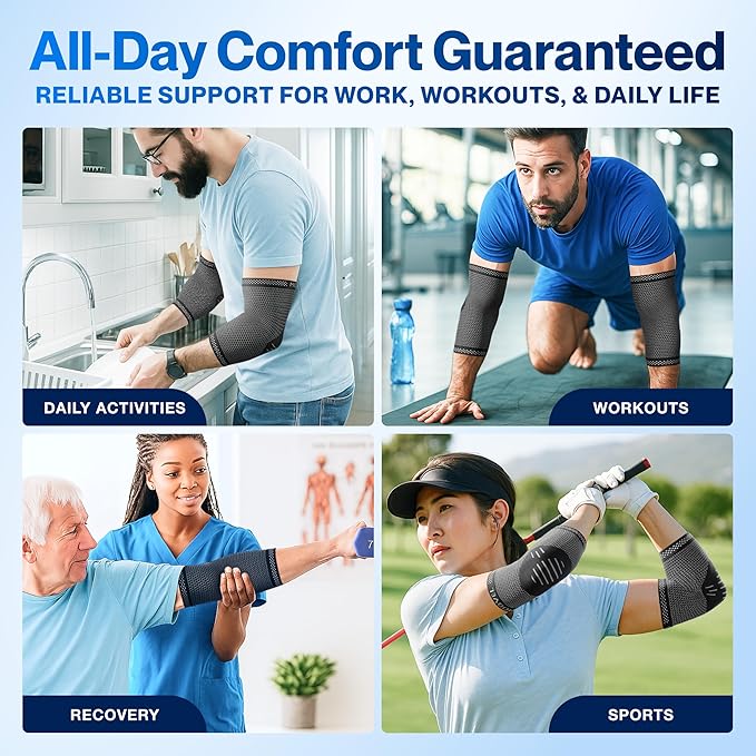Modvel 2 Pack Elbow Brace - Golfer's Elbow Compression Sleeve Support for Joint Pain Relief, Recovery, Tendonitis Braces, Tennis Elbows Brace For Men & Women, Workout & Weightlifting Arm Wrap