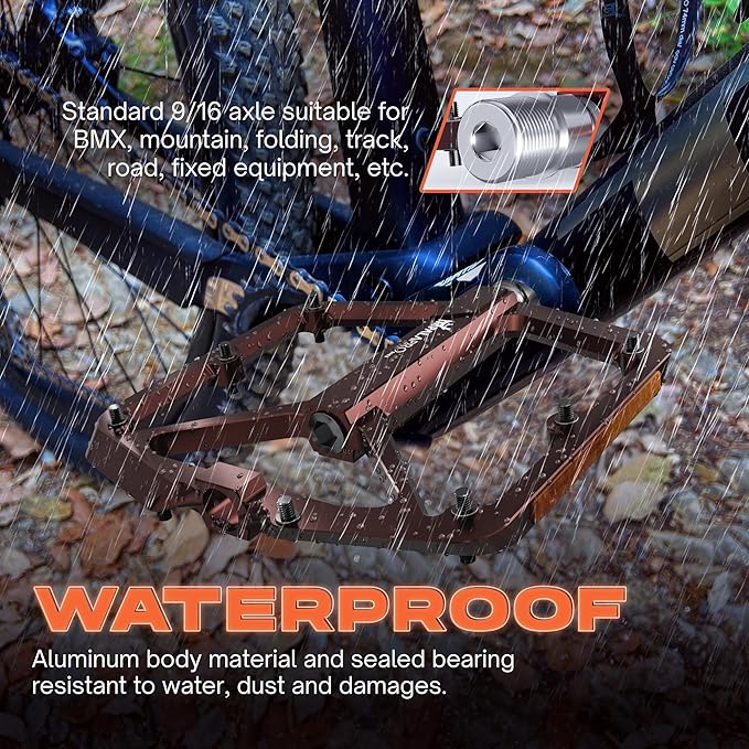 Flat Bike Pedals with Reflectors CNC Aluminium 9/16” – MTB Pedals with Extra Wide Platform and Removable Anti-Slip Pins – Lightweight Pedals for Mountain Bike & Road Bike 294 g