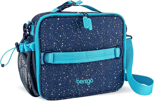Bentgo Kids Lunch Bag - Double-Insulated, Reusable Lunch Bag for Kids 3+ with Adjustable Strap; Holds Lunch Box/Water Bottle/Snacks; Easy-Clean, Water-Resistant & Pockets (Confetti - Abyss Blue)