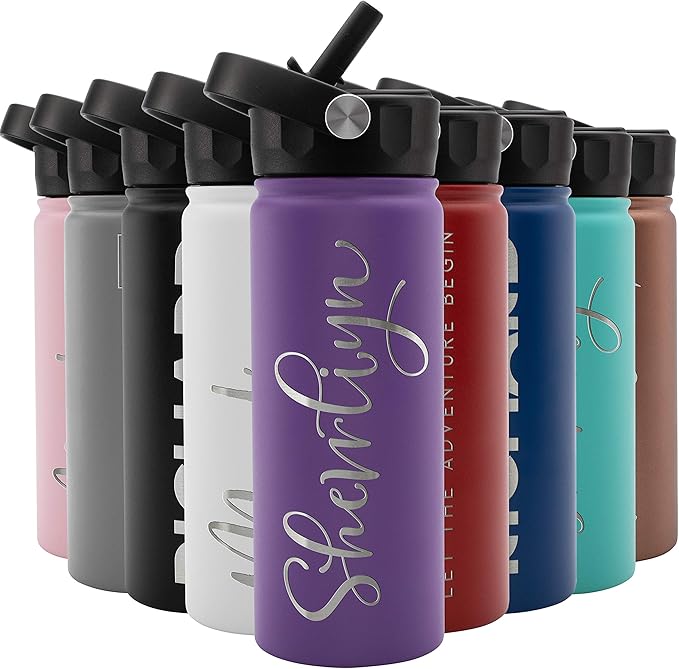 Amazing Items Personalized Water Bottle w/Straw & Lid, 18 oz - Purple | Custom Stainless Steel Sports Water Bottle w/Name and Text - Double-Wall, Vacuum Insulated - Rotating Handle