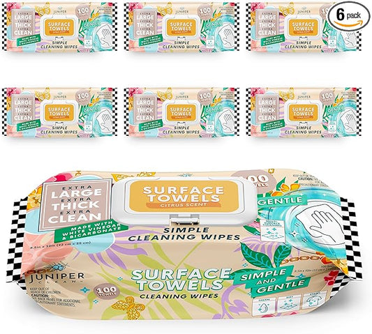 6 Packs Surface Cleaning Wipes Bleach Free, Thick & Large Dispose, All-Purpose Cleaner for Bathroom, Kitchen, Office, 600 Count Soft Flow, Biodegradable, Citrus Scent